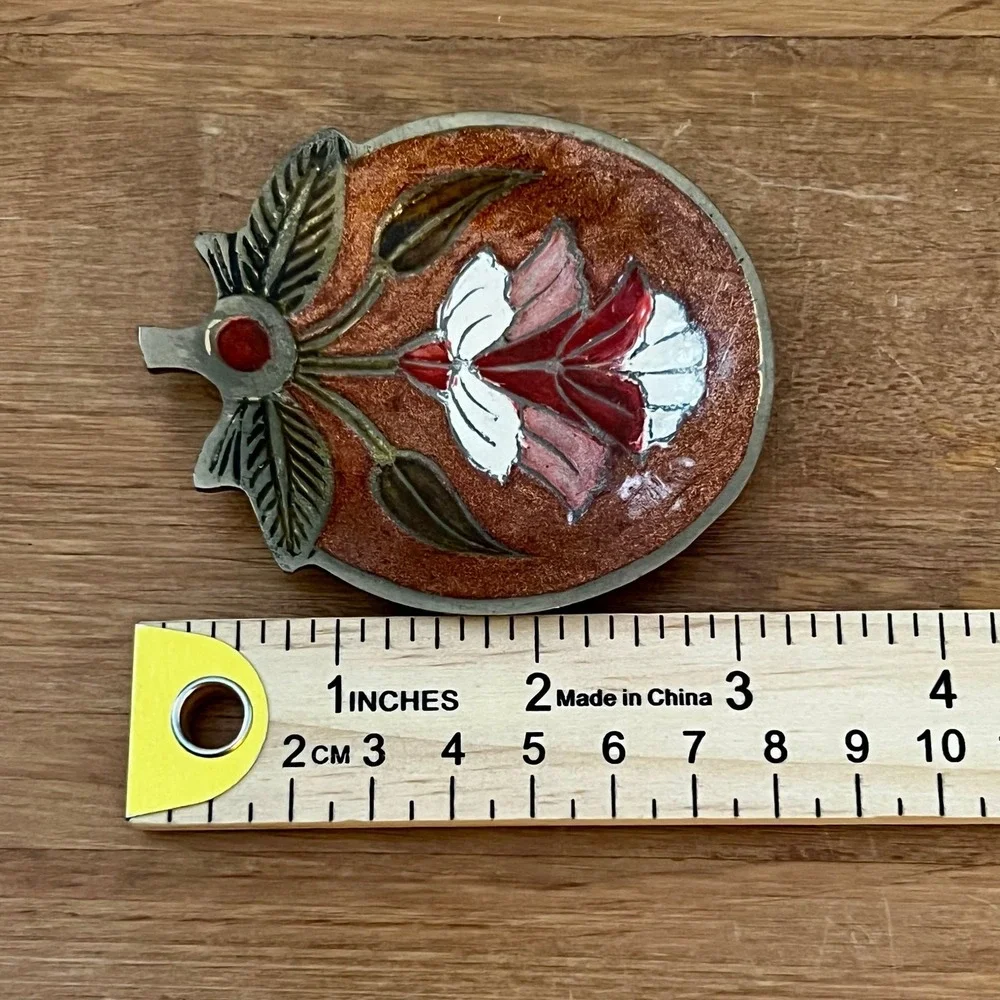 Vintage Brass Home Decor Enamel Trinket Dish Round Floral Design Art Nouveau